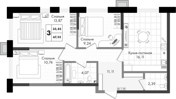 Планировка 3-комн 67,53 м²