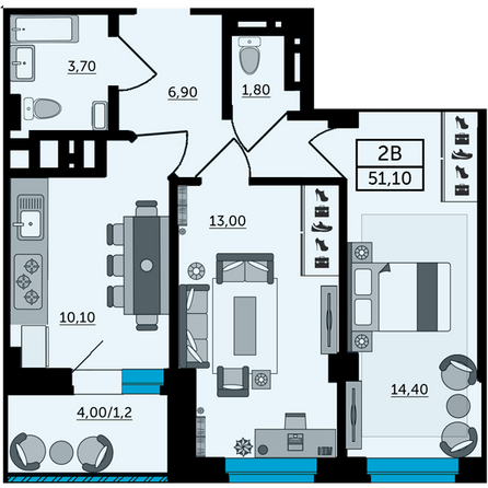 Планировка 2-комн 51,67, 52 м²