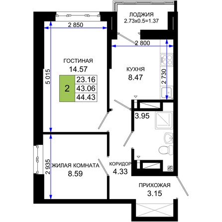 Планировка 2-комн 44,43 м²