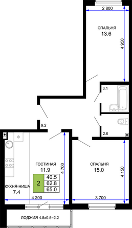 Планировка 2-комн 65 м²