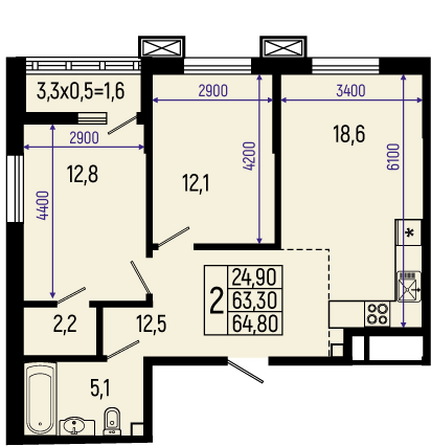 Планировка 2-комн 64,2, 64,8 м²