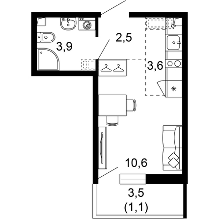 Планировка Студия 21, 21,7 м²