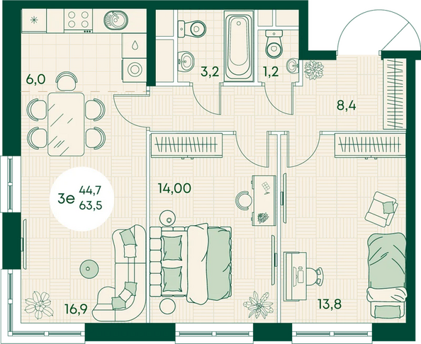 Планировка 3-комн 63,5 м²