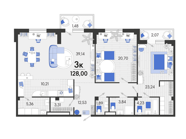 Планировка 3-комн 128 м²