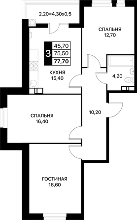 Планировка 3-комн 77,7 м²