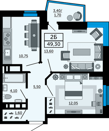 Планировка 2-комн 49,3 м²