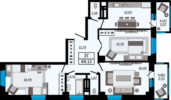 Планировка 3-комн 88,12 м²