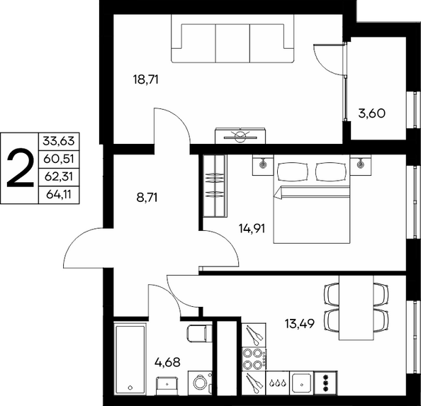 Планировка 2-комн 64,1 м²