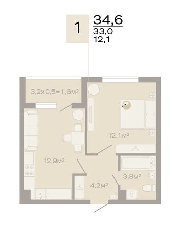 Планировка 1-комн 34,6 м²