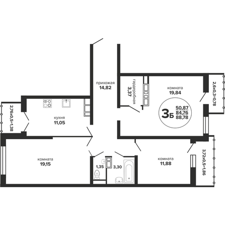 Планировка 3-комн 88,78 м²