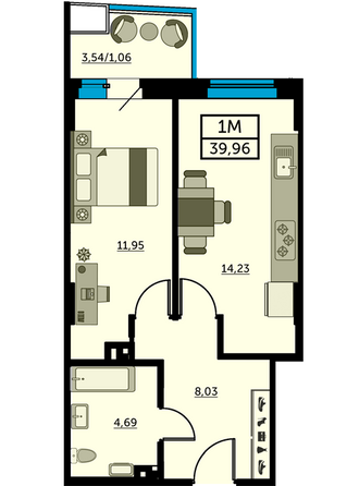 Планировка 1-комн 39,71 - 39,92 м²