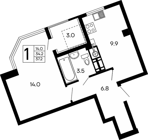 Планировка 1-комн 37,2 м²