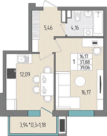 Планировка 1-комн 39,06 м²