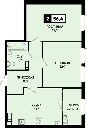 Планировка 2-комн 56,4, 56,6 м²