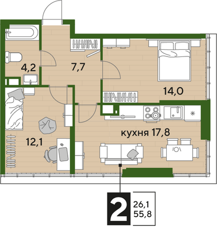 Планировка 2-комн 55,8 м²