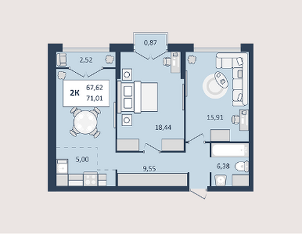 Планировка 2-комн 71 м²