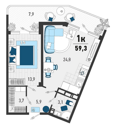 Планировка 1-комн 59,3 м²