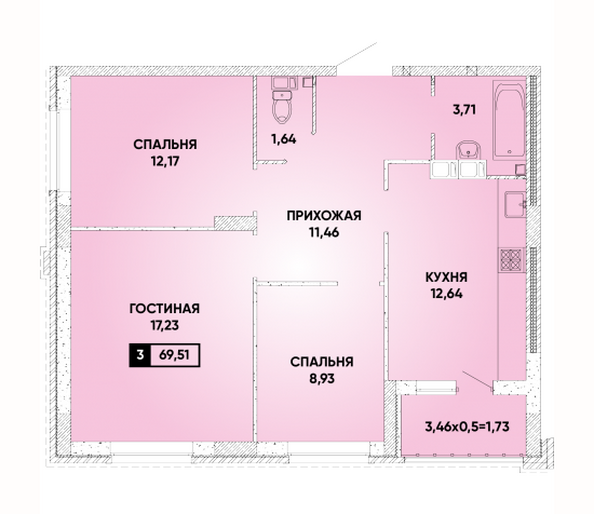 Планировка 3-комн 69,51 м²