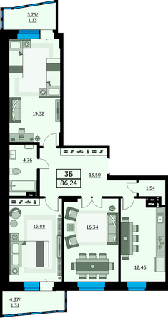 Планировка 3-комн 85,66 м²