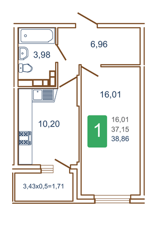 Планировка 1-комн 38,86 м²