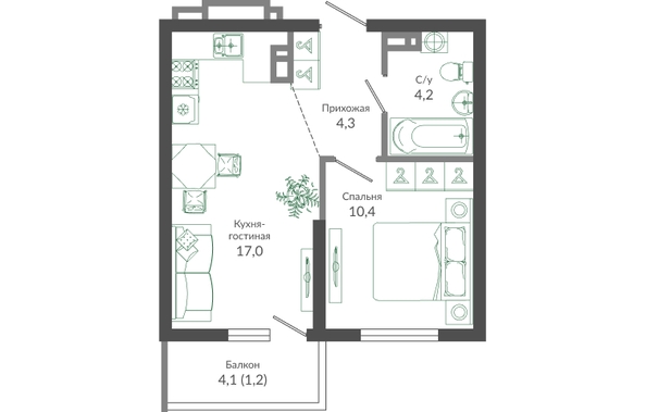 Планировка 1-комн 37,1 м²