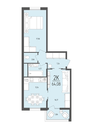 Планировка 2-комн 64,08 м²