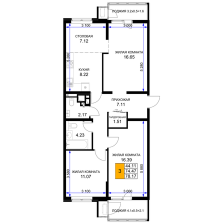 Планировка 3-комн 78,17 м²