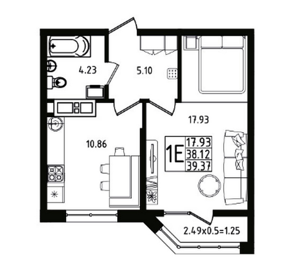 Планировка 1-комн 39,4 м²