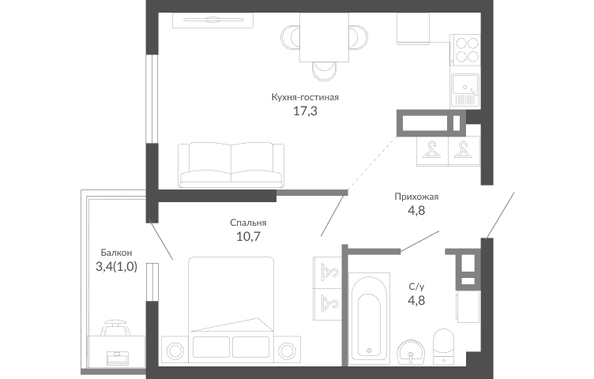 Планировка 1-комн 38,6 м²