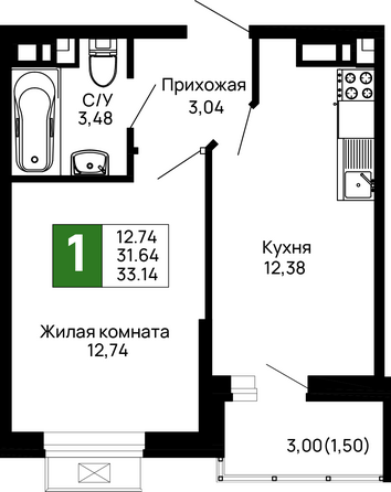 Планировка 1-комн 33,14 м²