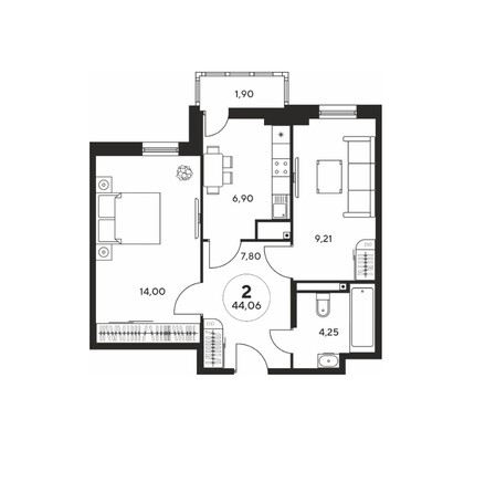 Планировка 2-комн 43,75, 44,09 м²