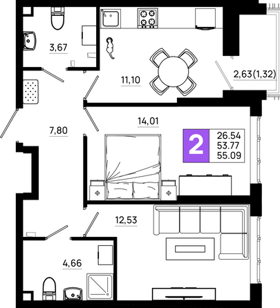 Планировка 2-комн 55,09 м²