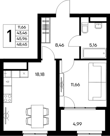 Планировка 1-комн 48,45 м²