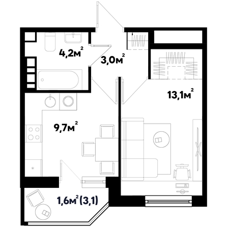 Планировка 1-комн 31,6 м²