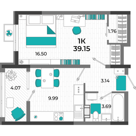 Планировка 1-комн 39,15 м²