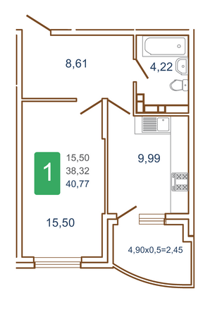 Планировка 1-комн 40,77 м²