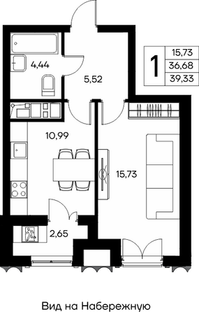 Планировка 1-комн 39,33 м²