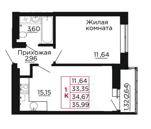 Планировка 1-комн 34,67 м²