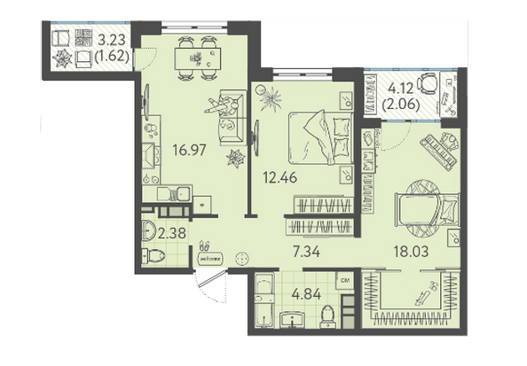Планировка 2-комнатной квартиры, подъезды 2, 5