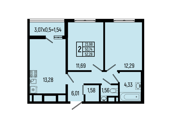 Планировка 2-комн 52,28 м²