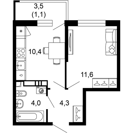 Планировка 1-комн 31,4 м²