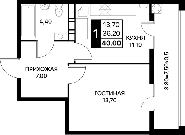 Планировка 1-комн 40 м²