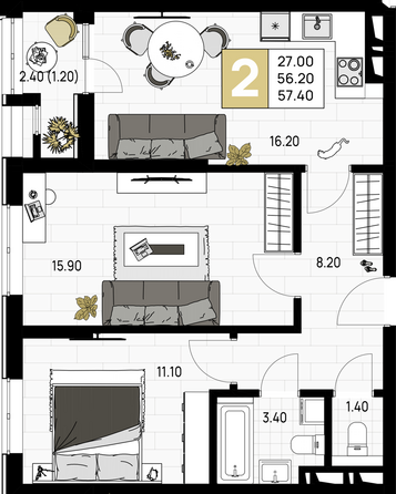 Планировка 2-комн 57,4 м²