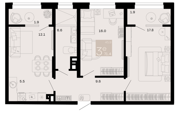 Планировка 3-комн 71,4 м²