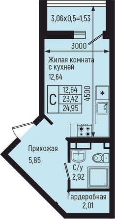 Планировка Студия 24,95 м²