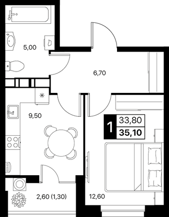 Планировка 1-комн 35,1, 35,6 м²