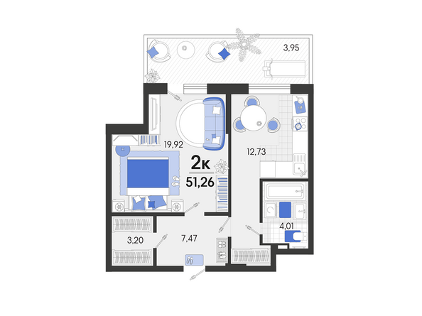 Планировка 1-комн 51,26 м²