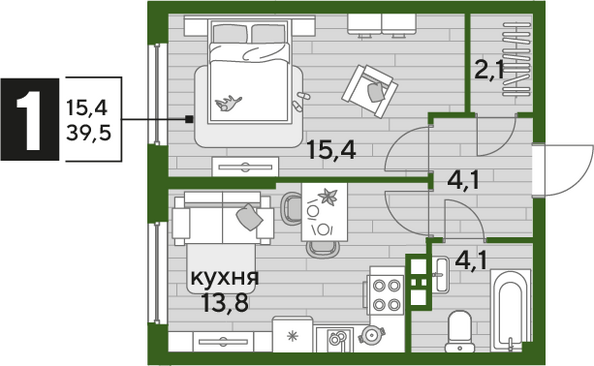 Планировка 1-комн 39,5 м²