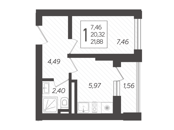 Планировка 1-комн 21,88 м²