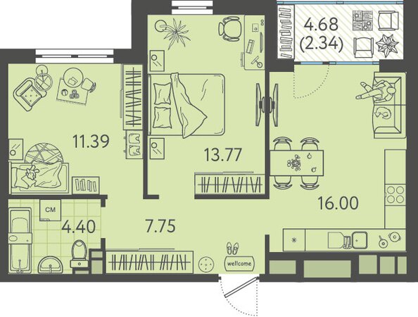 Планировка 2-комн 54,85 м²